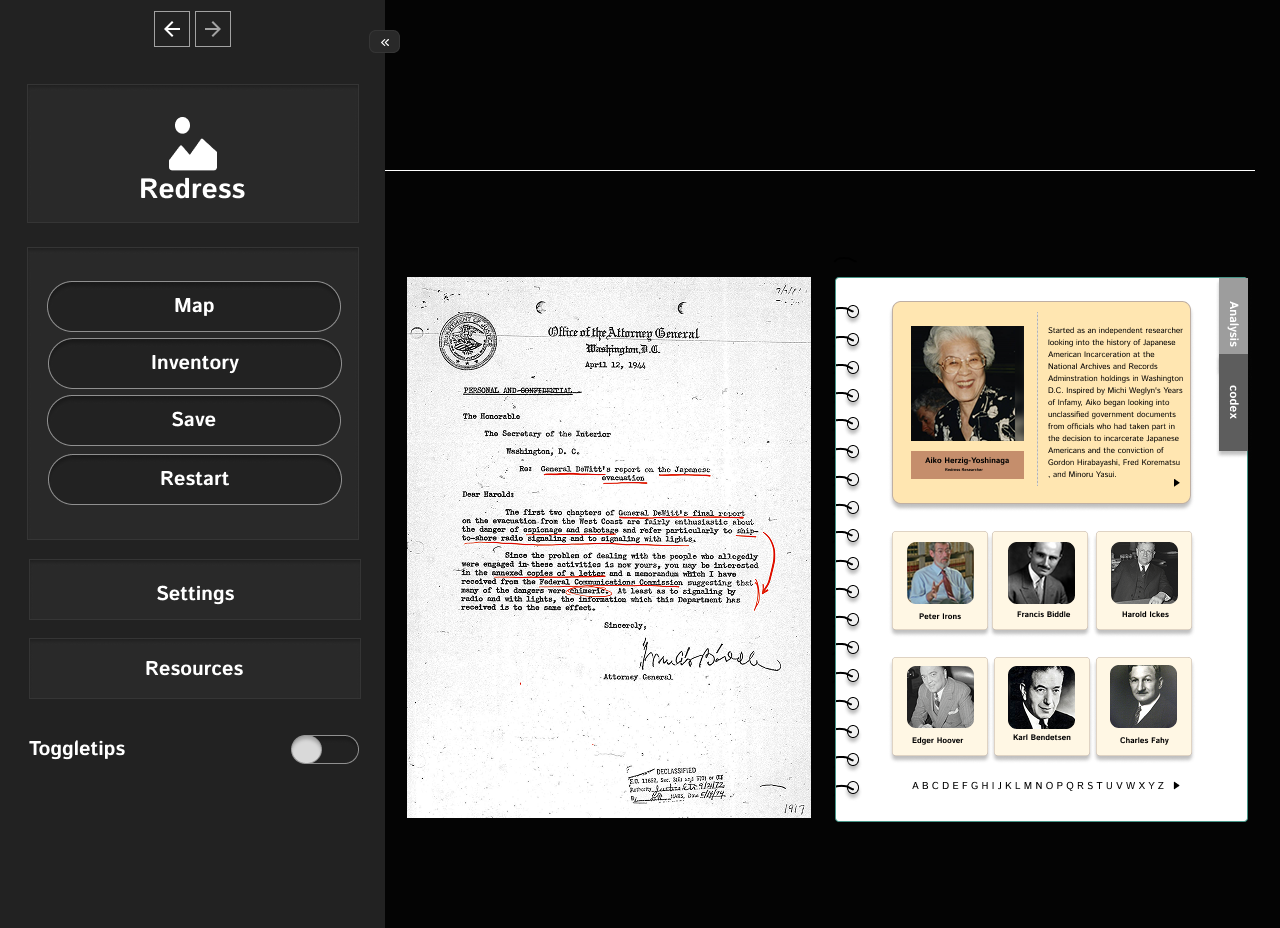 Redress wireframe showing the Government Officials codex screen — a two-panel layout with a historical letter on the left and a directory of official portraits and names on the right, with sidebar navigation